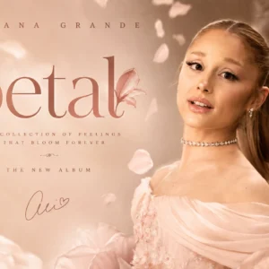 Ariana Grande in an elegant floral-inspired Petal album poster surrounded by soft pink petals